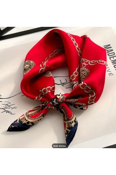 Zincirli Leopar Desenli, Çift Taraflı, Kare Saten Fular 70cmx70cm