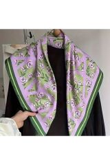 Bohem Tarzda Hafif Saten Yeşil Mor Çiçek Baskılı Ithal Ipek Saten Kare Fular Şal Eşarp 70x70