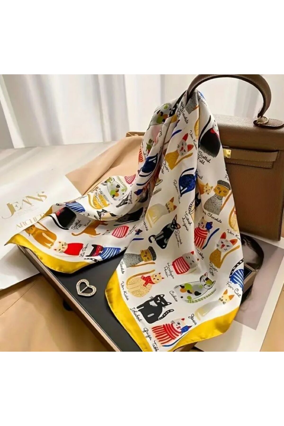 Boho Chic Kedi Baskılı Ipek Saten, Rüzgar Geçirmez, Çift Taraf Baskılı, Şal, Fular, Eşarp 70x70