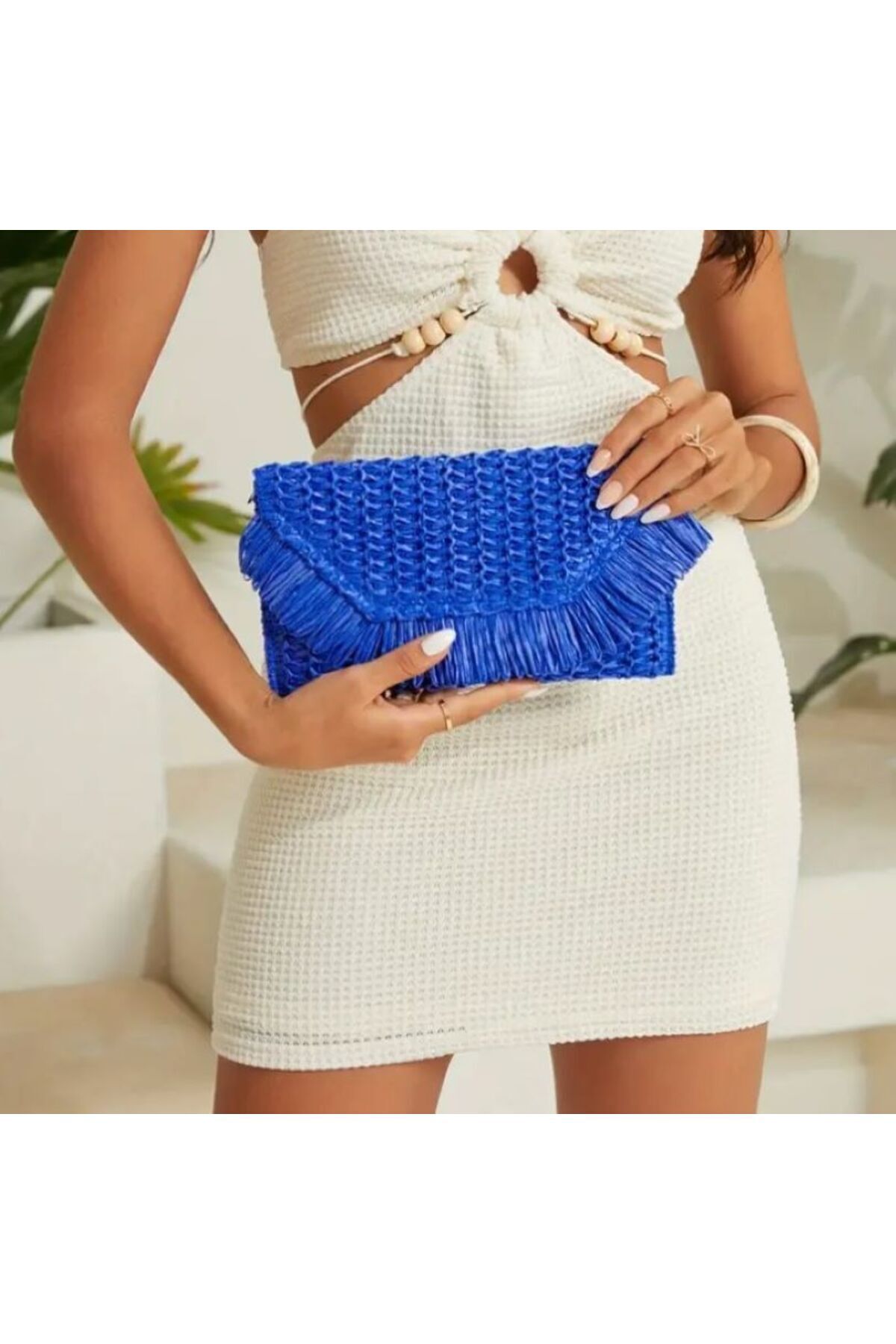 Renkli Püsküllü Hasır Örgü, El Çantası, Clutch, Davet, Günlük, Plaj