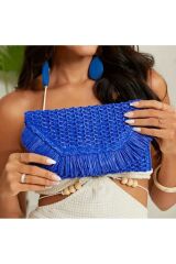 Renkli Püsküllü Hasır Örgü, El Çantası, Clutch, Davet, Günlük, Plaj