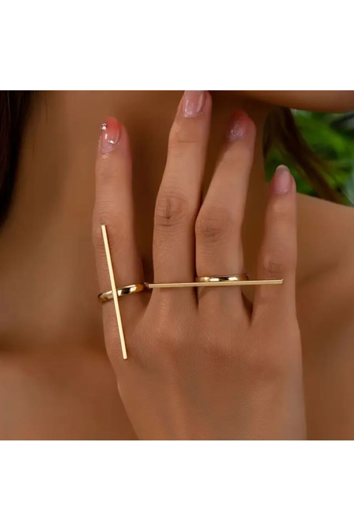2 Parça Uzun Çizgi Bar Elegant Gold Yüzük