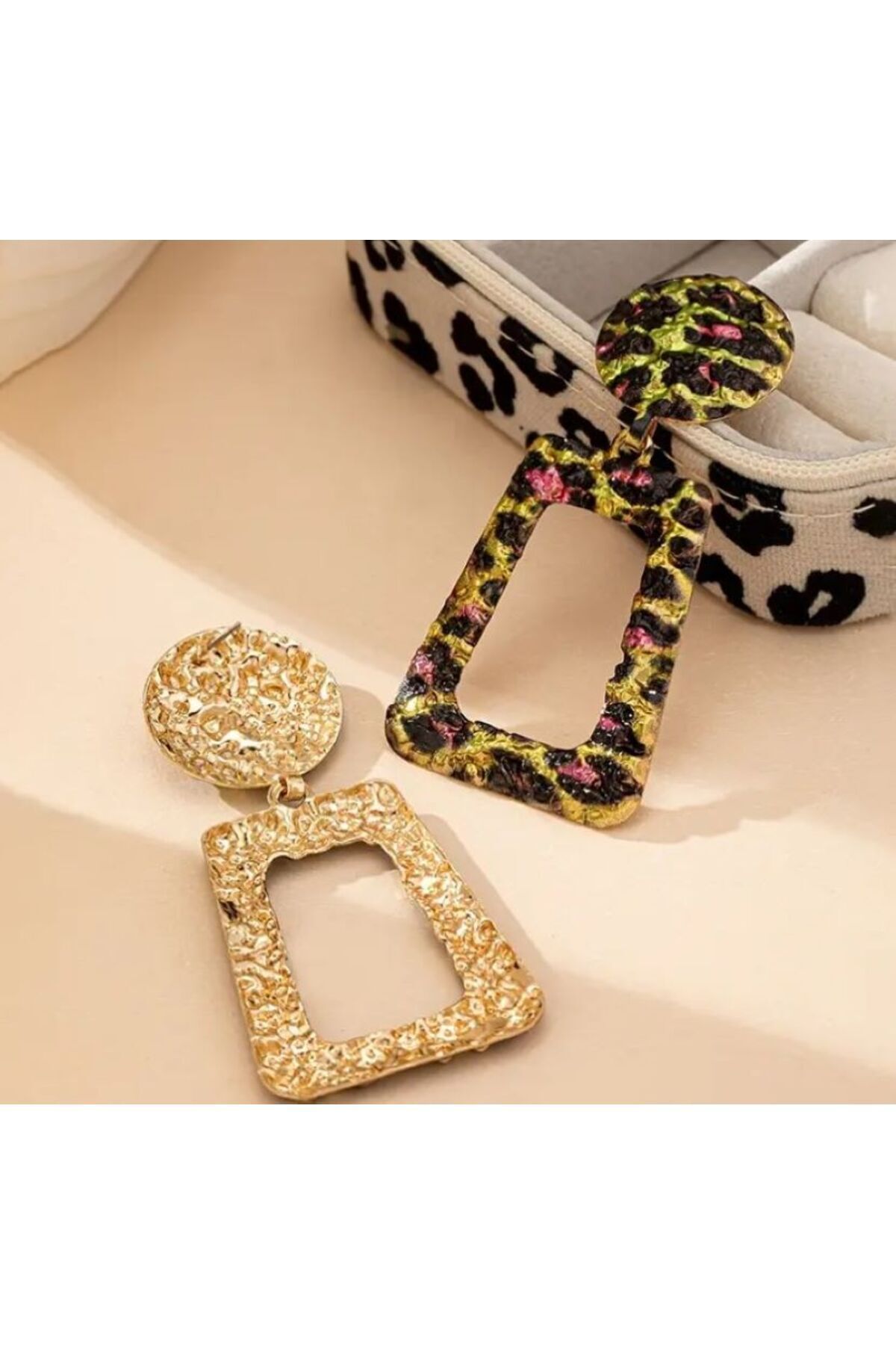 Geometrik Renkli Leopar Küpe, Kulak İğnesi Paslanmaz Çelik