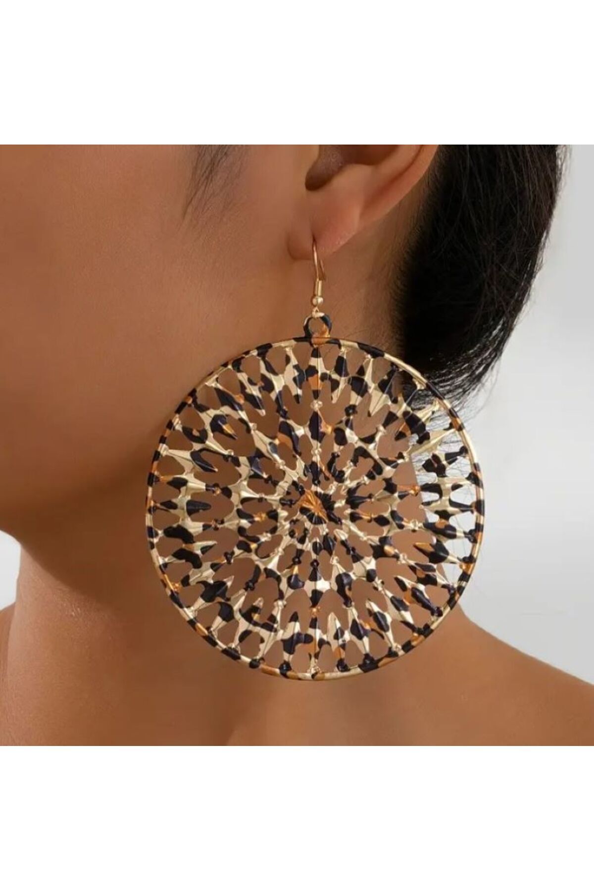 Leopar Desenli Frapan Halka Küpe, Kulak İğnesi  Paslanmaz Çelik