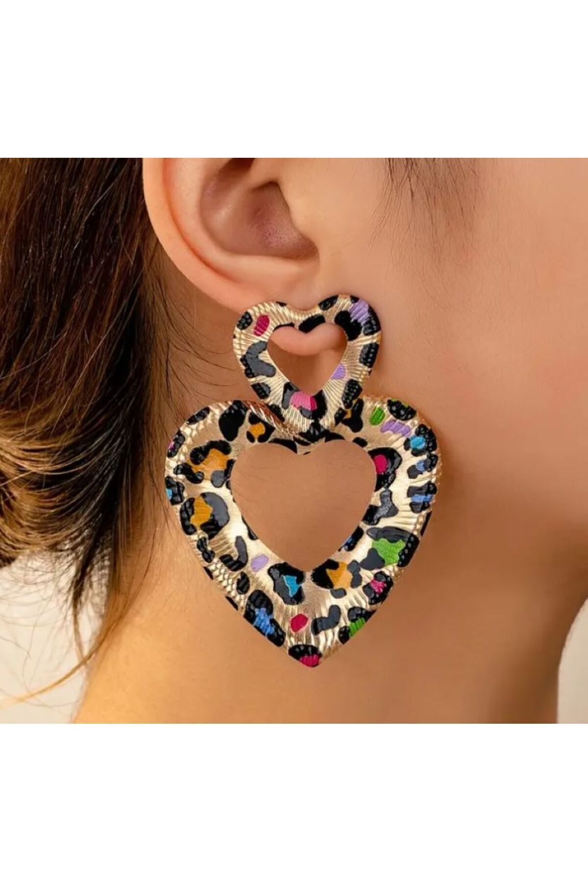 Leopar Desenli Kalp Vintage Küpe, Kulak İğnesi Paslanmaz Çelik