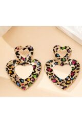 Leopar Desenli Kalp Vintage Küpe, Kulak İğnesi Paslanmaz Çelik