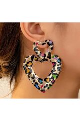 Leopar Desenli Kalp Vintage Küpe, Kulak İğnesi Paslanmaz Çelik