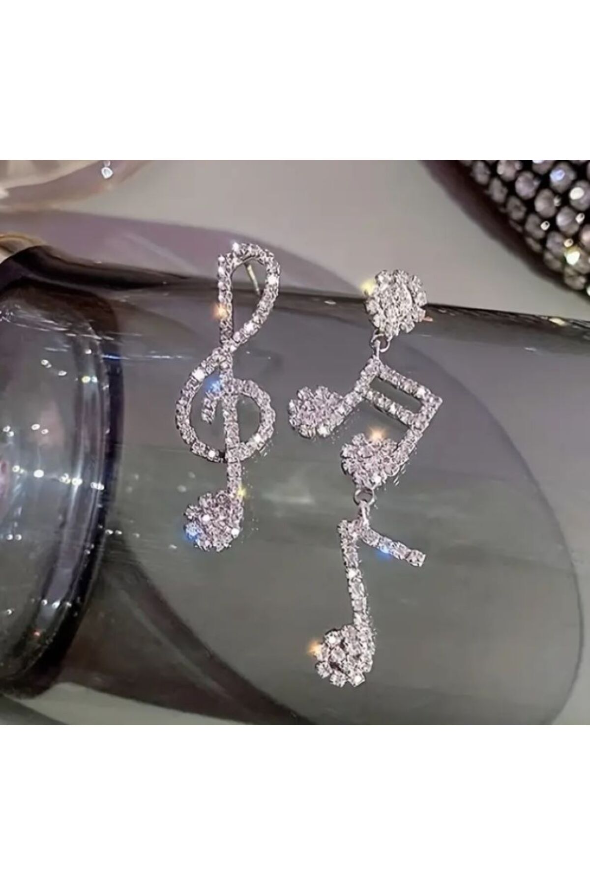 Zirkon Taşlı, Müzik Notası Küpe, Kulak İğnesi 925 Ayar Gümüş