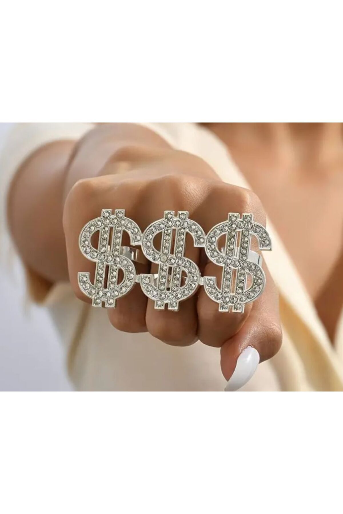 Gümüş Kaplama, Yapay Elmas Detaylı, Dolar Amblemli Yüzük