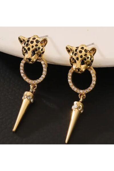 Yapay Elmas Detaylı Leopar Temalı Küpe