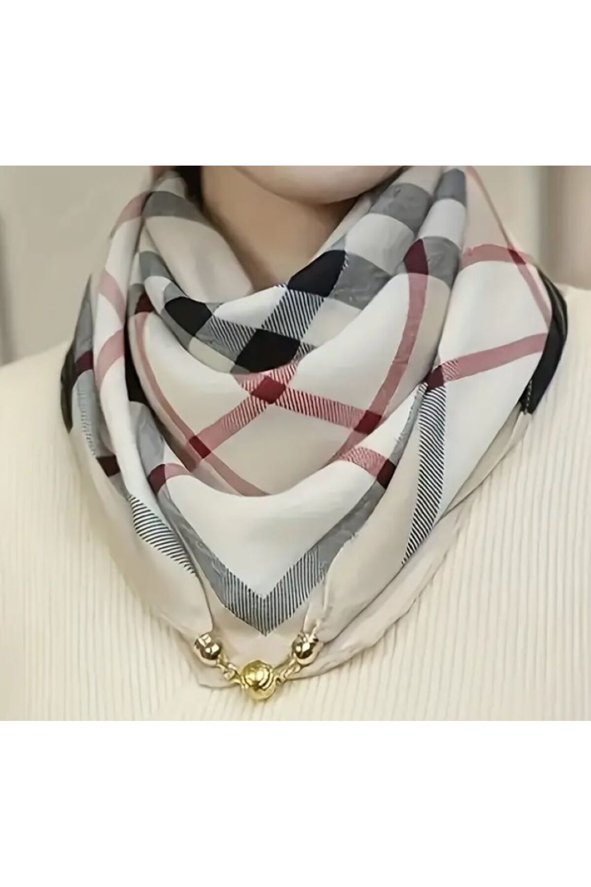 Manyetik Tokalı, Bohem, Ekose Desenli Şal, Fular 70CMX70CM