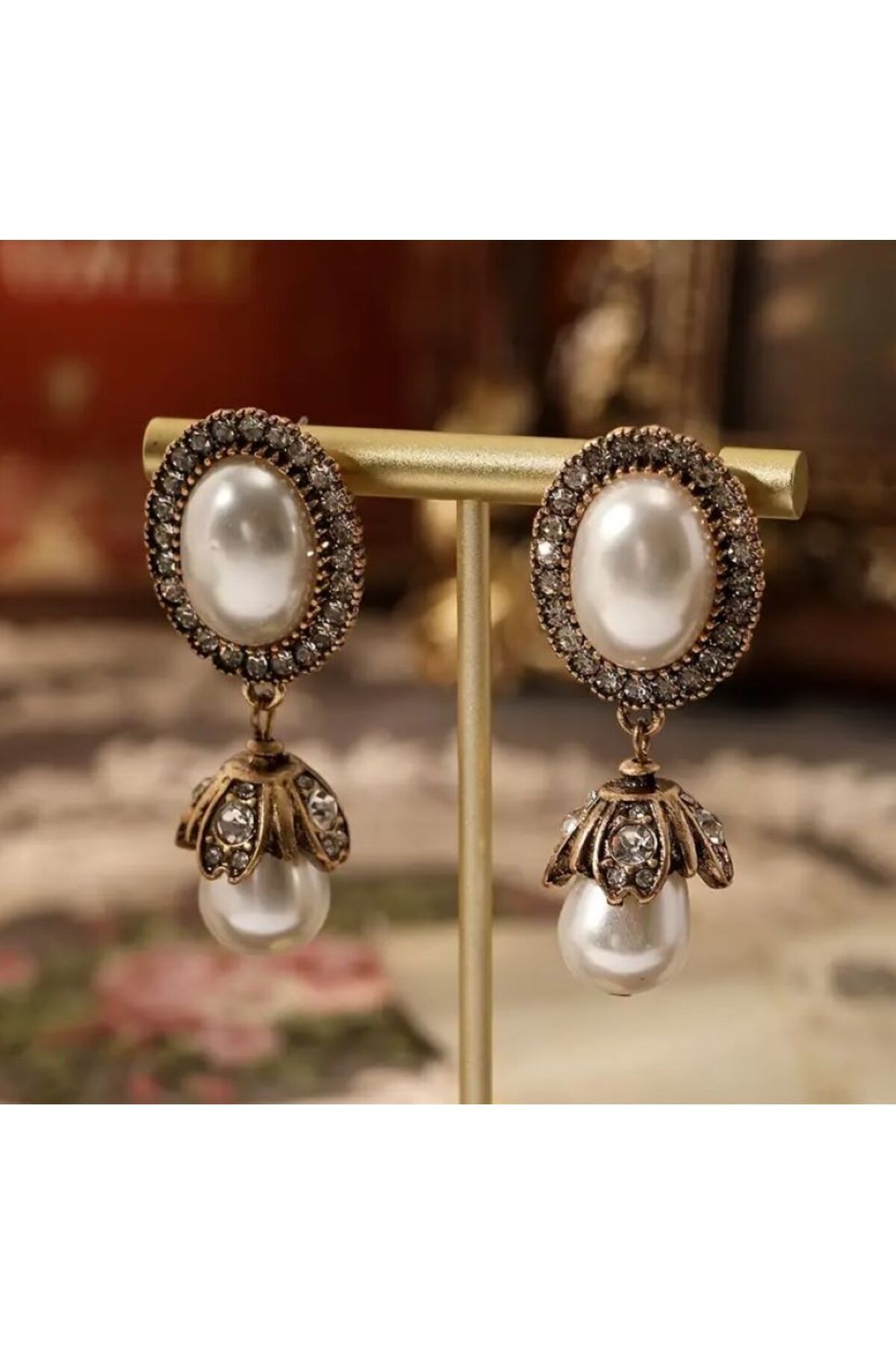 18 Ayar Altın Kaplama, Yapay Elmas Süslemeli, Vintage Tarzı, Feminen Küpe