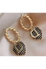 18 Ayar Altın Kaplama, Harf Detaylı, Vintage Tarz, Hareketli Küpe-Kulak İğnesi Paslanmaz Çelik