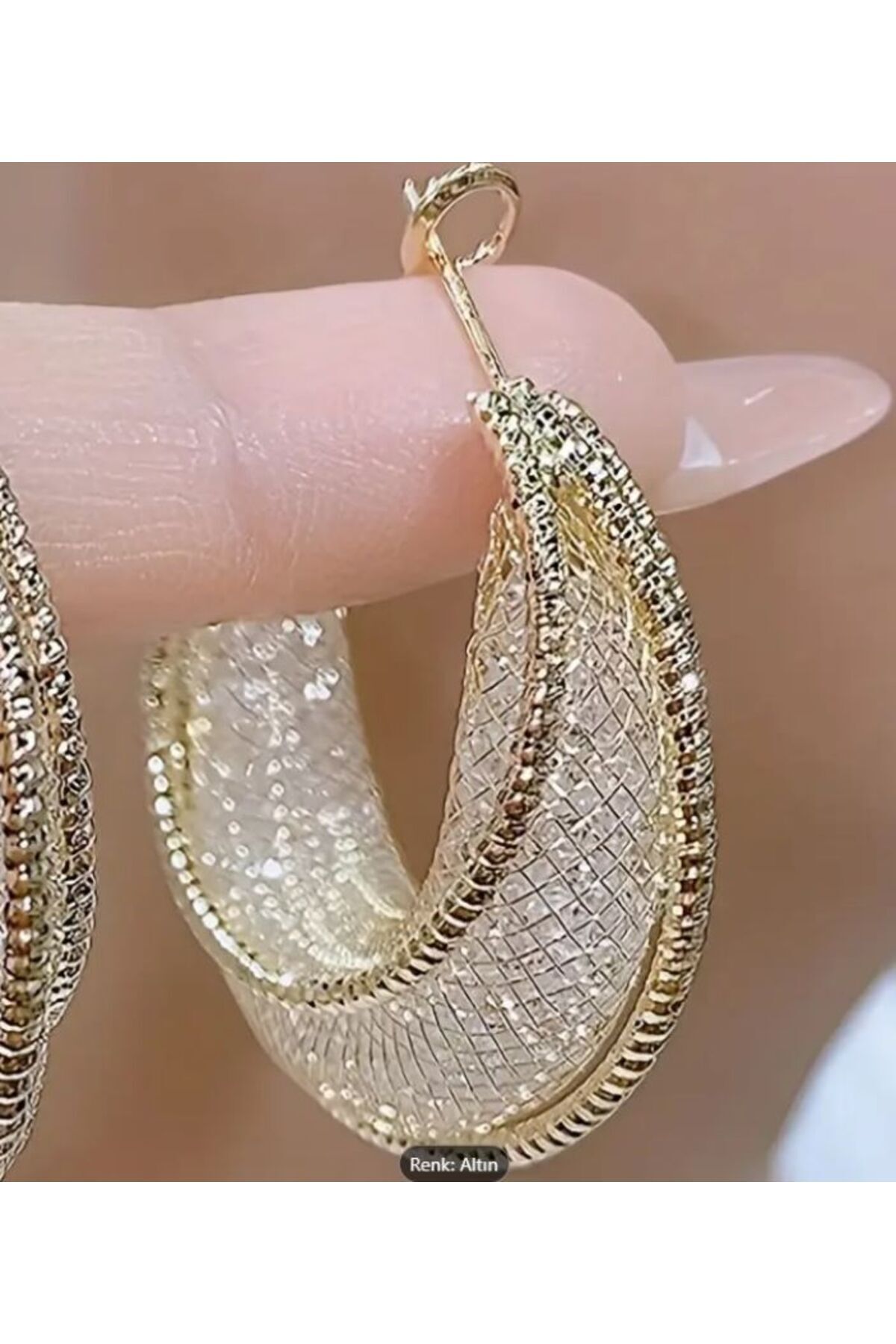 Parlak Zirkon Taşlı, Altın Rengi, Parıltılı, Kafesli Küpe