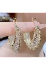 Parlak Zirkon Taşlı, Altın Rengi, Parıltılı, Kafesli Küpe