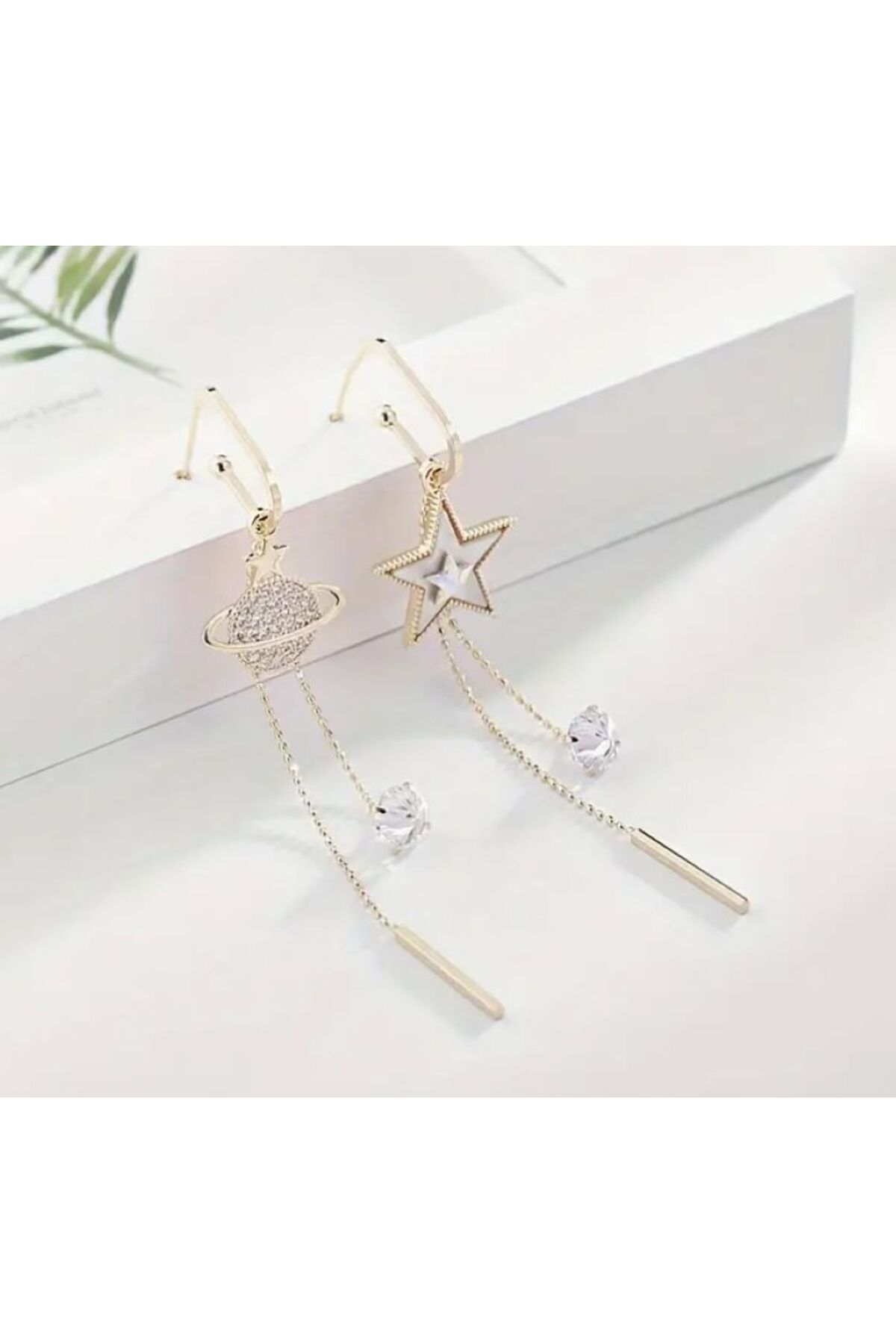 Yıldız ve Gezegen Temalı sallantılı Küpe, Kulak İğnesi 925 Ayar Gümüş