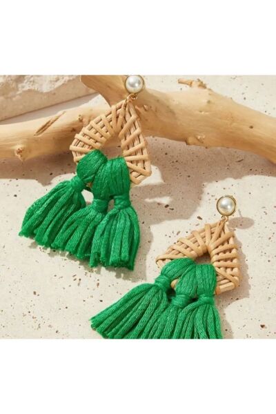 Bohem Rattan Püsküllü, Tatil İlhamlı Küpeler, Kulak İğnesi 925 Ayar Gümüş