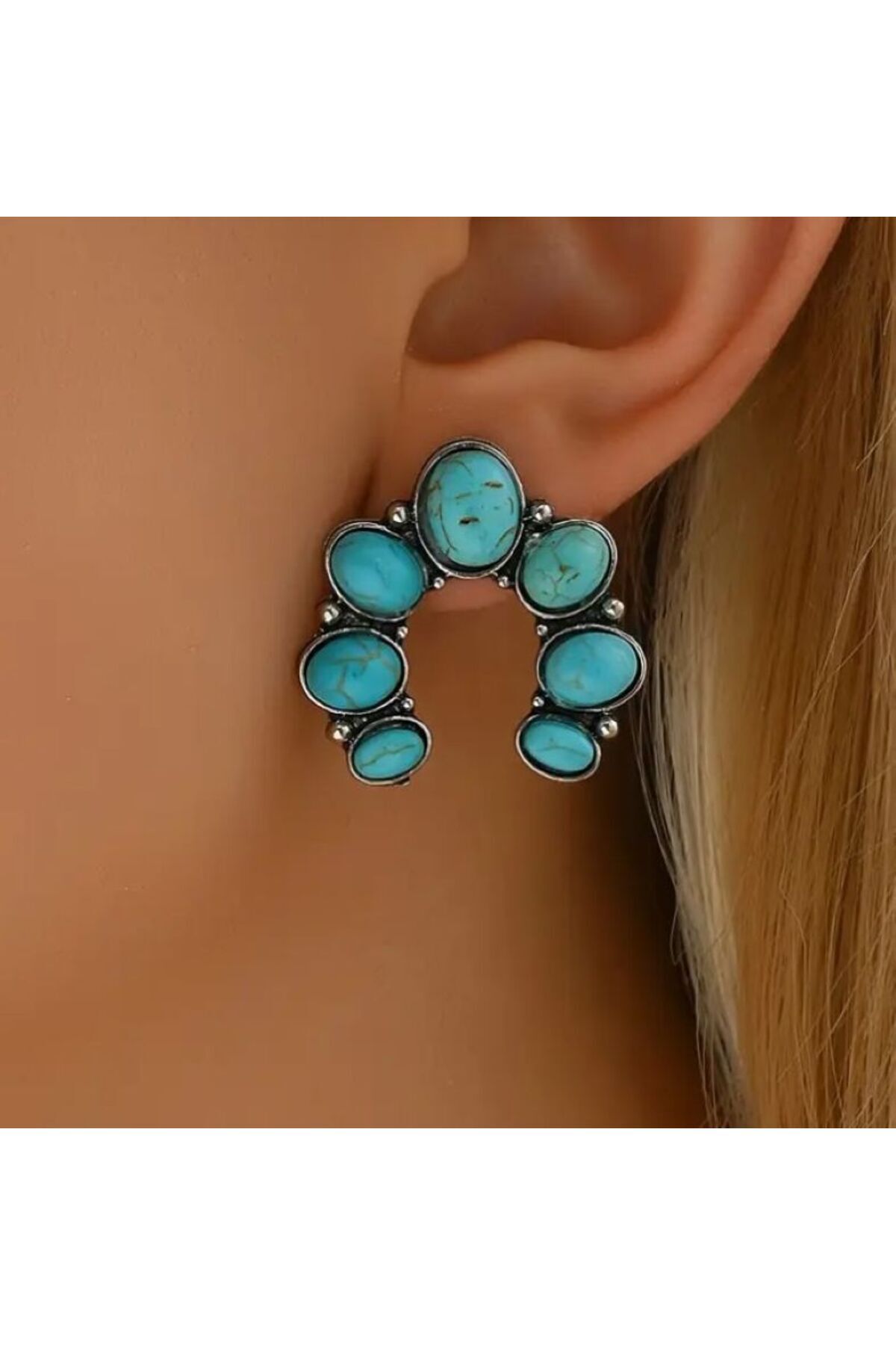 Turkuaz Rengi Bohem U Şekli Küpe