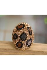 Vintage, Leopar Desenli, Siyah, Kahve ve Kehribar rengi Zirkon Taşlı Ayarlanabilir Yüzük