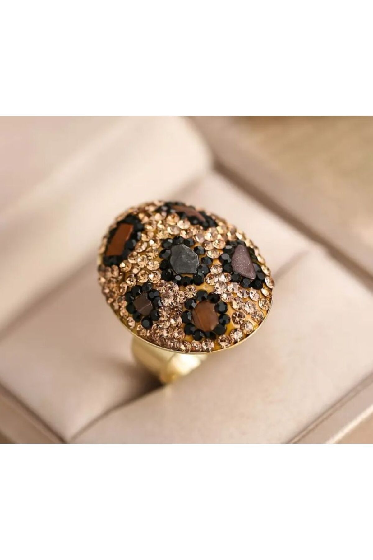 Vintage, Leopar Desenli, Siyah, Kahve ve Kehribar rengi Zirkon Taşlı Ayarlanabilir Yüzük