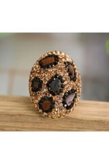 Vintage, Leopar Desenli, Siyah, Kahve ve Kehribar rengi Zirkon Taşlı Ayarlanabilir Yüzük