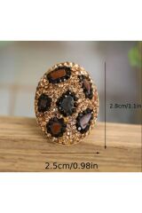 Vintage, Leopar Desenli, Siyah, Kahve ve Kehribar rengi Zirkon Taşlı Ayarlanabilir Yüzük