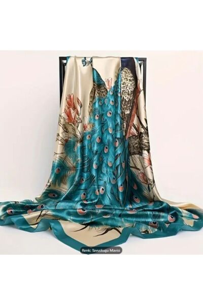 Tavuz Kuşu Desenli, Güneş, Rüzgar Geçirmez, Çift Taraf Baskılı, Şal, Fular, Eşarp 90cmx90cm