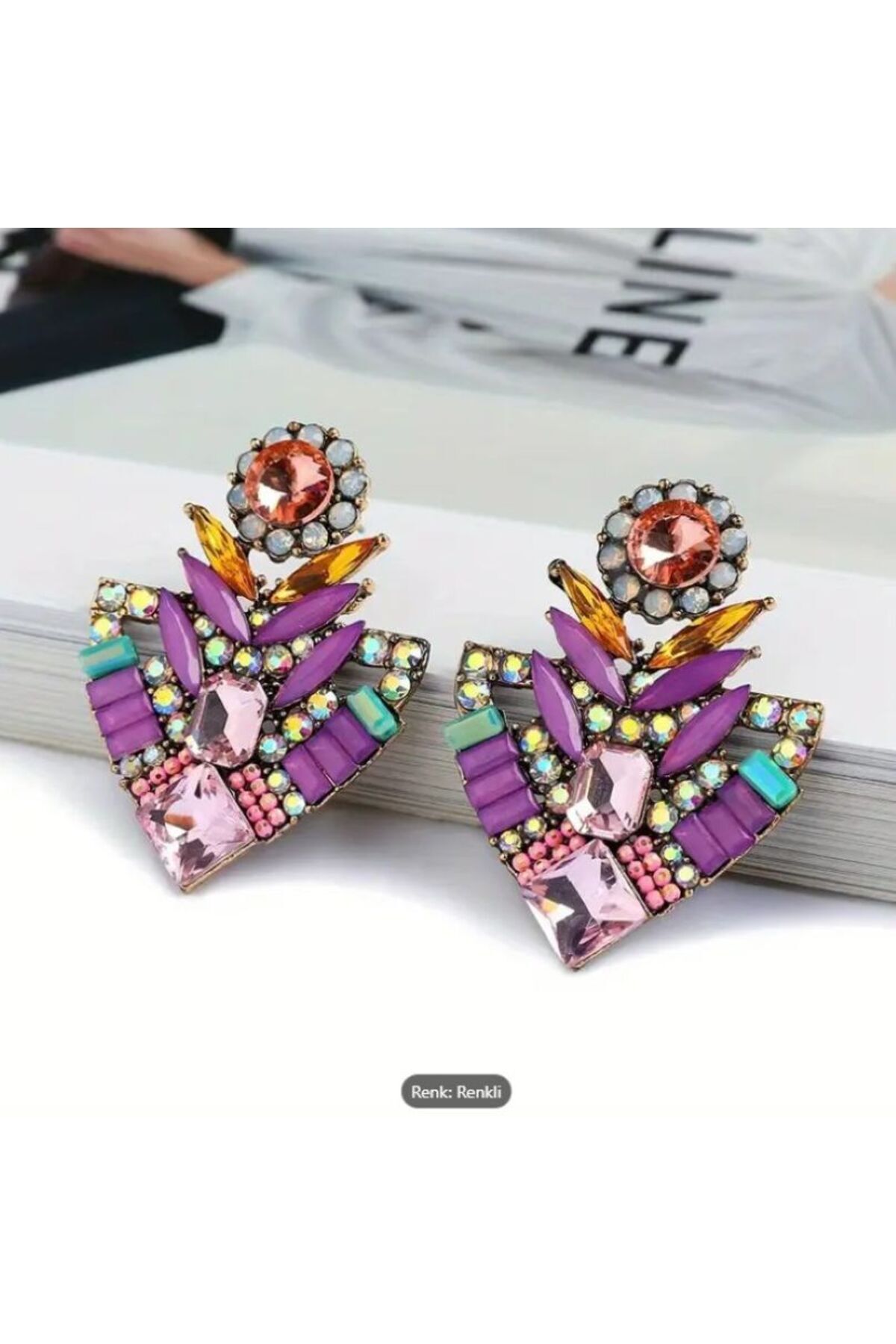 Zirkon Taşlı Çok Renkli Gümüş Kaplama Boho Küpe-Kulak İpnesi Paslanmaz Çelik