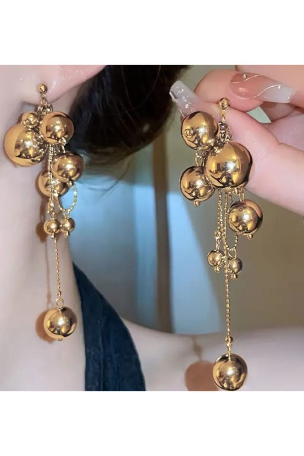 Top Damla Uzun Küpeler-Kulak İğnesi Paslanmaz Çelik