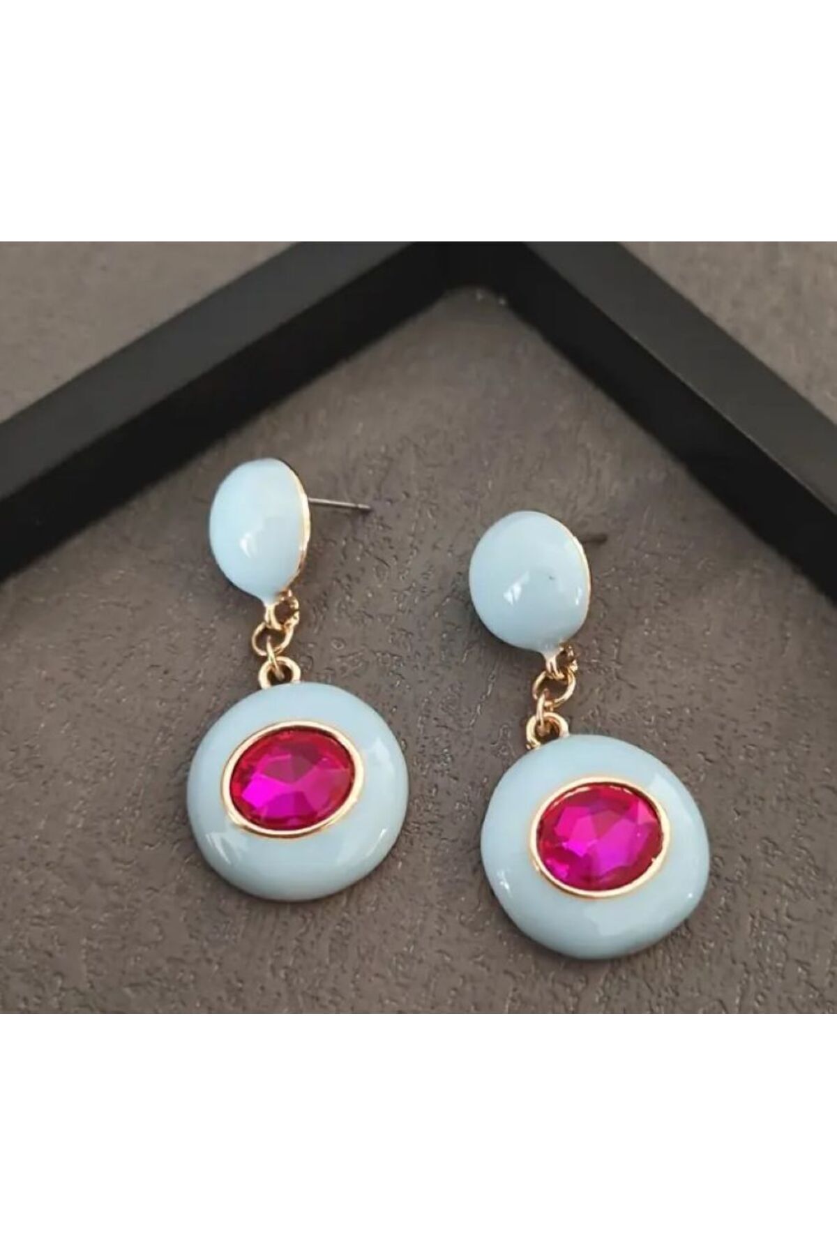 18K Altın Kaplama Vintage Gök Mavisi Küpe-Kulak İpnesi 925 Ayar Gümüş