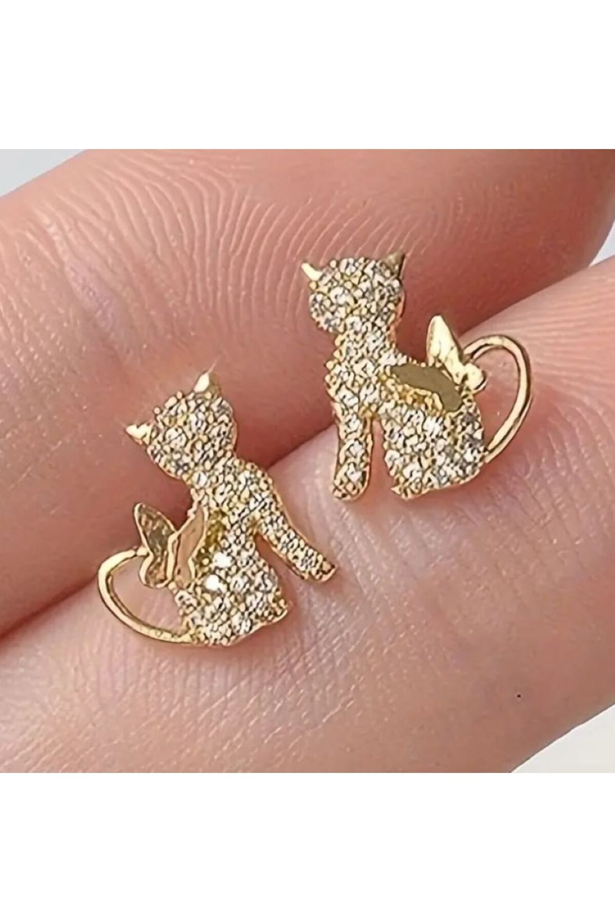 Altın Kaplama Işıltılı Kedi Figürlü Küpeler