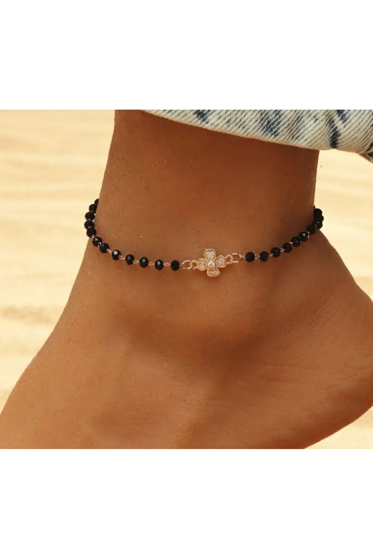 Çiçekli, Siyah Cam Boncuklu Halhal