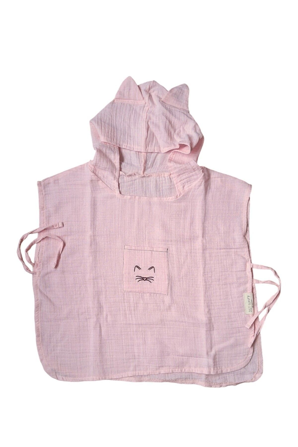 Çocuk Muslin Panço, %100 Organik Oeko-tex Sertifikalı, Kedi Desenli, Cepli, Kapüşonlu Toz Pembe - 2-4 Yaş