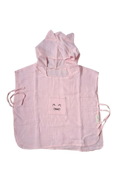 Çocuk Muslin Panço, %100 Organik Oeko-tex Sertifikalı, Kedi Desenli, Cepli, Kapüşonlu Toz Pembe - 6-9