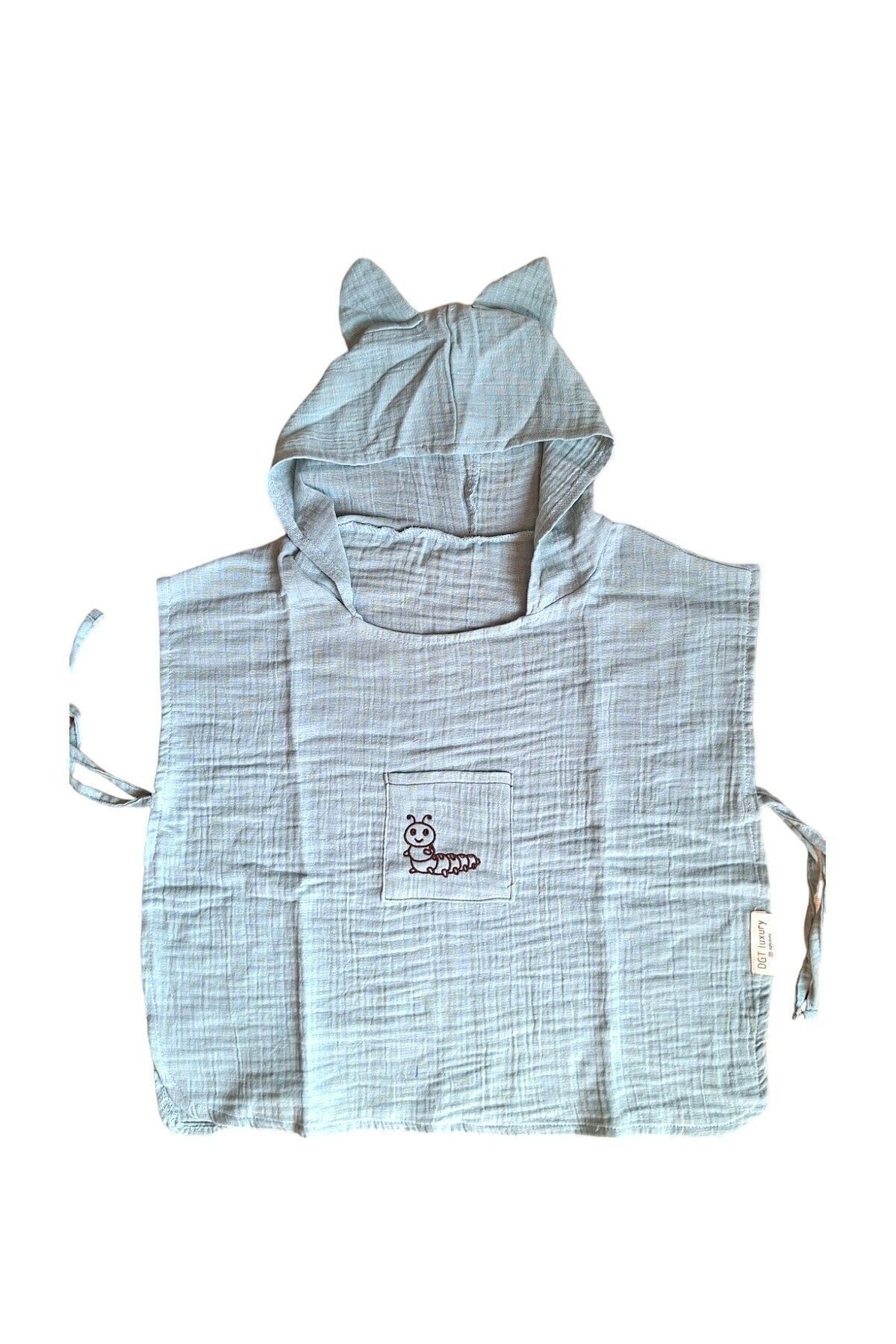 Dgtluxury Çocuk Muslin Panço, %100 Organik Oeko-tex Sertifikalı, Tırtıl Desenli, Cepli, Kapüşonlu Su Yeşili - 2-4 Yaş