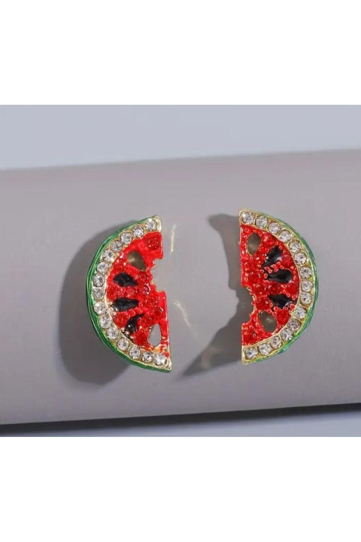 Karpuz Figürlü, Parıltılı, Minimalit Küpe-Kulak İğnesi 925 Ayar Gümüş