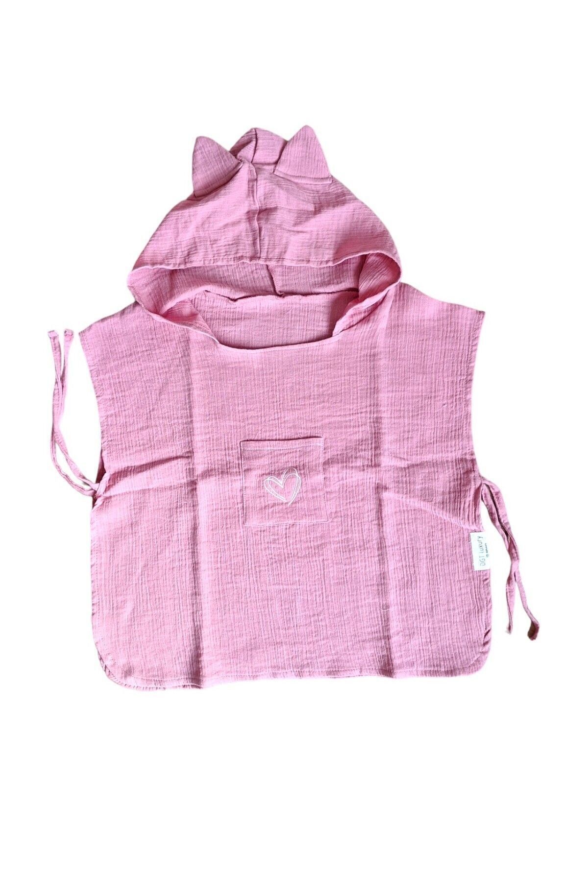 Çocuk Muslin Panço, %100 Organik Oeko-tex Sertifikalı, Kalp Desenli, Cepli, Kapüşonlu Şeker Pembesi - 6-9