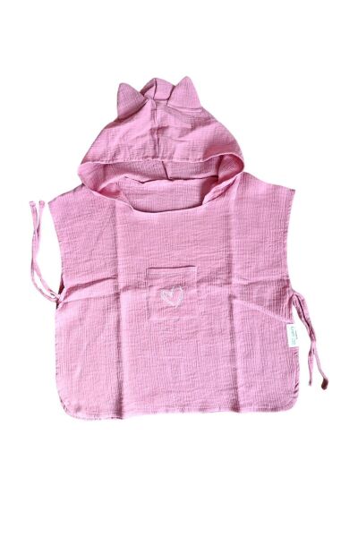 Çocuk Muslin Panço, %100 Organik Oeko-tex Sertifikalı, Kalp Desenli, Cepli, Kapüşonlu Şeker Pembesi - 6-9