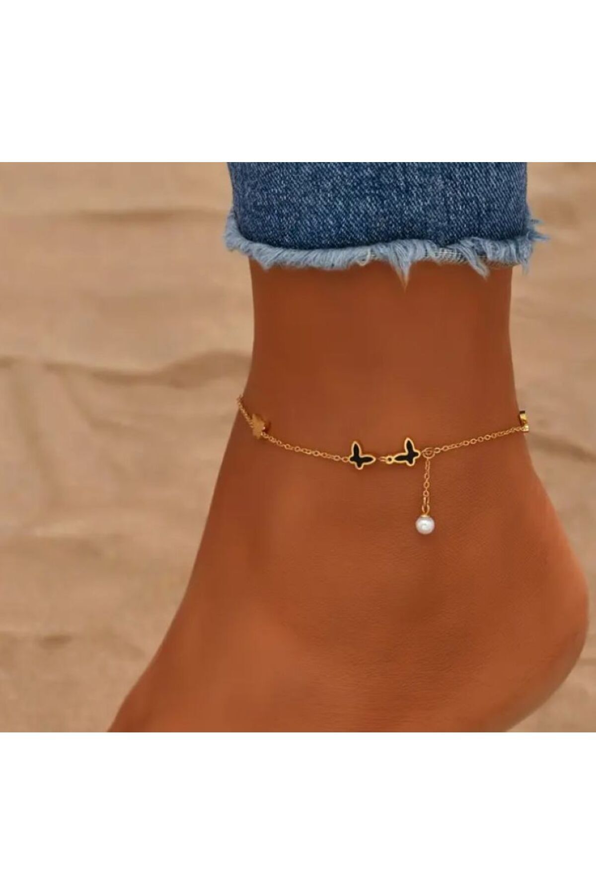 18 Ayar Altın Kaplama, Siyah Kelebek Figürlü Halhal