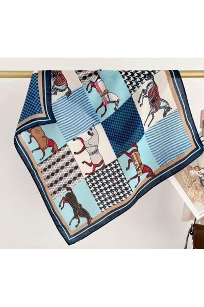 At Figürlü Elegant, Güneşten Koruyan, Rüzgar Geçirmez, Çift Taraf Baskılı, Fular, Eşarp 70x70