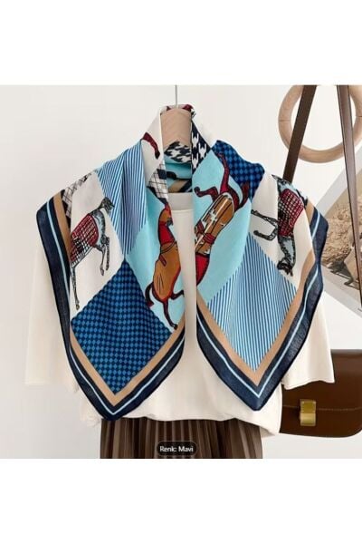 At Figürlü Elegant, Güneşten Koruyan, Rüzgar Geçirmez, Çift Taraf Baskılı, Fular, Eşarp 70x70