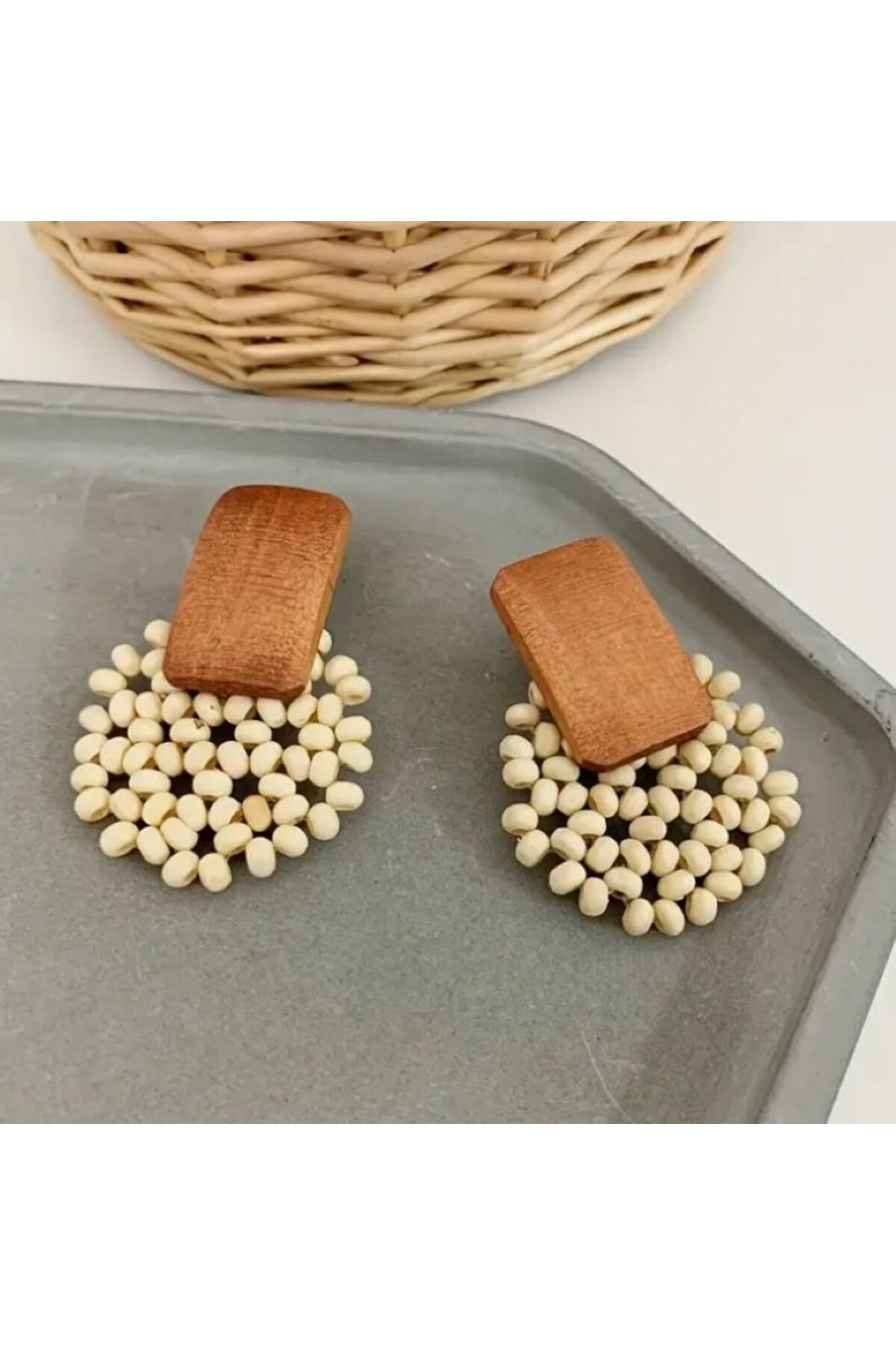 Bohem Ahşap Boncuklu Küpe-Kulak İğnesi Paslanmaz Çelik