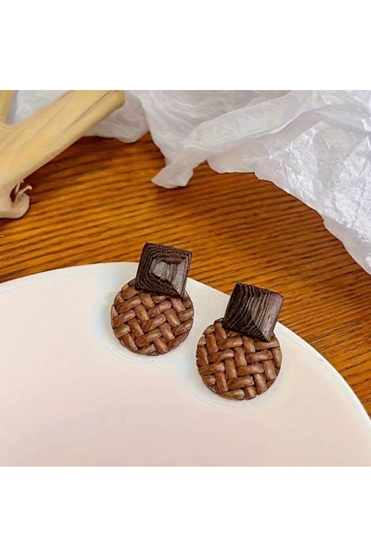 Vintage Ağaç Dokuma Küpe