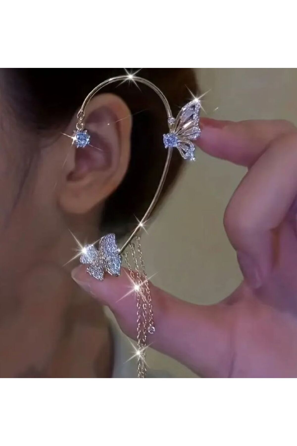 Işıltılı Kelebek-Çiçek Motifli Şık Kulak Kelepçesi