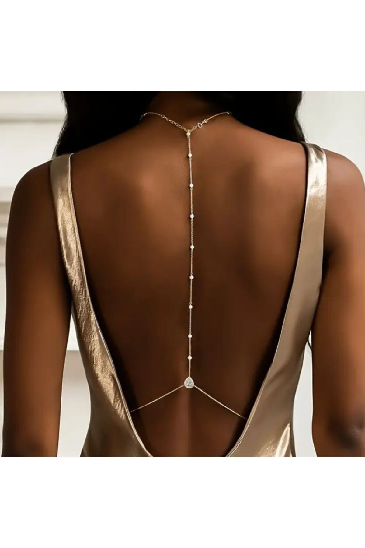 Suni İnci Detaylı, Damla Taşlı, Sırt Zinciri, Vücut Aksesuarı