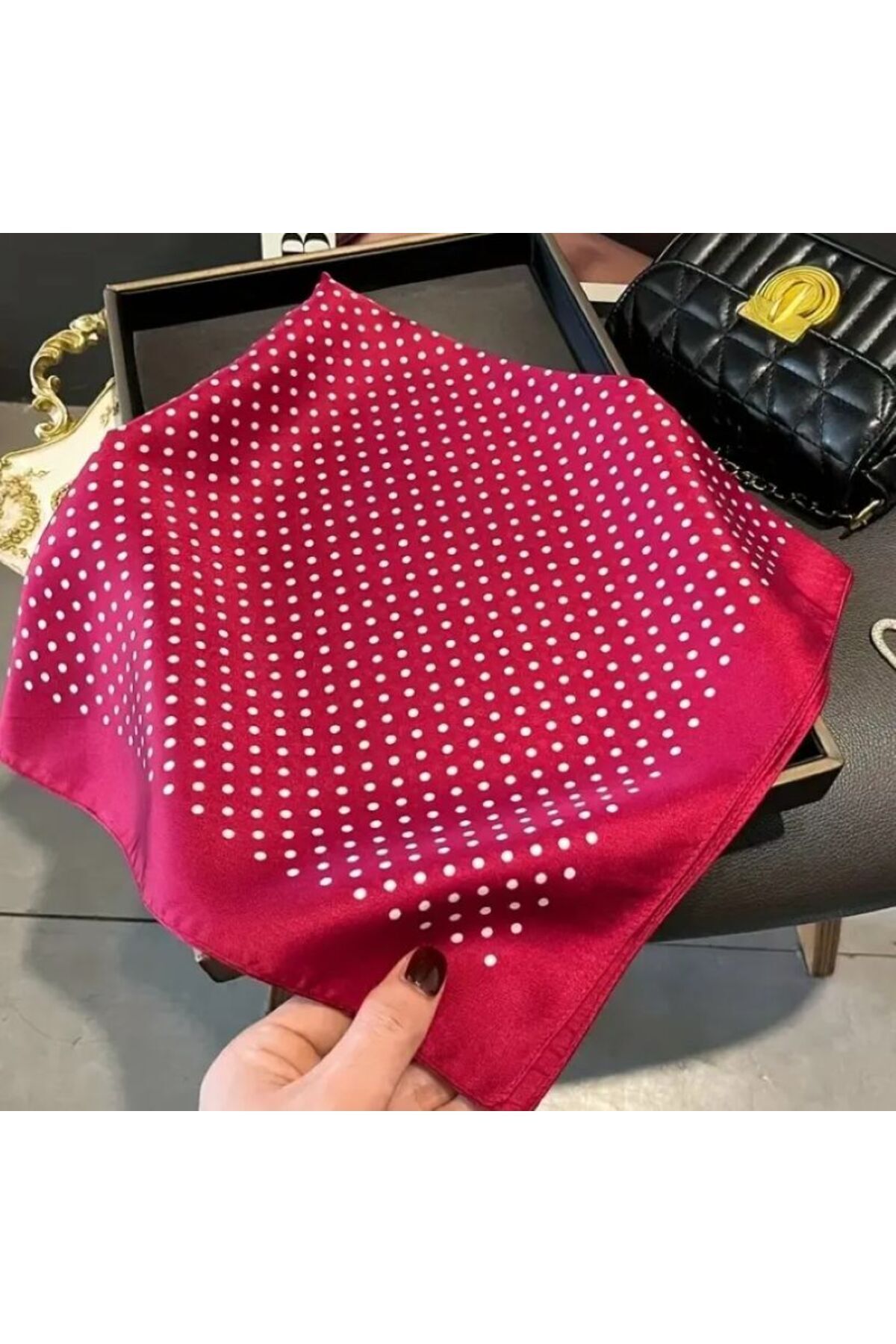 Kırmızı, beyaz puantiyeli, Rüzgar Geçirmez, Çift Taraf Baskılı, Şal, Fular, Eşarp 70x70