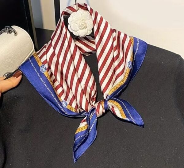 Kırmızı ve Mavi Çizgili, Denizci Temalı, Saf İpek , Kare Fular 53cmx53cm