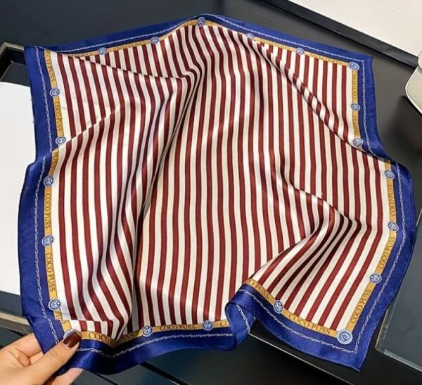 Kırmızı ve Mavi Çizgili, Denizci Temalı, Saf İpek , Kare Fular 53cmx53cm