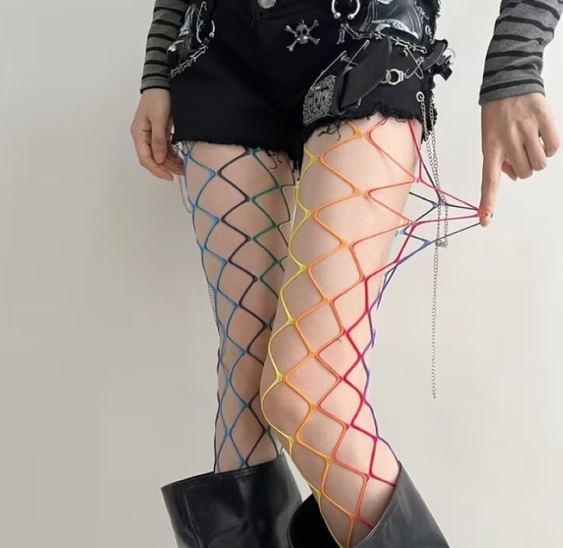 Gökkuşağı Gradyan Balık Ağı Punk 2YK File Külotlu Çorap