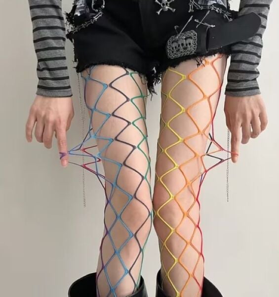 Gökkuşağı Gradyan Balık Ağı Punk 2YK File Külotlu Çorap